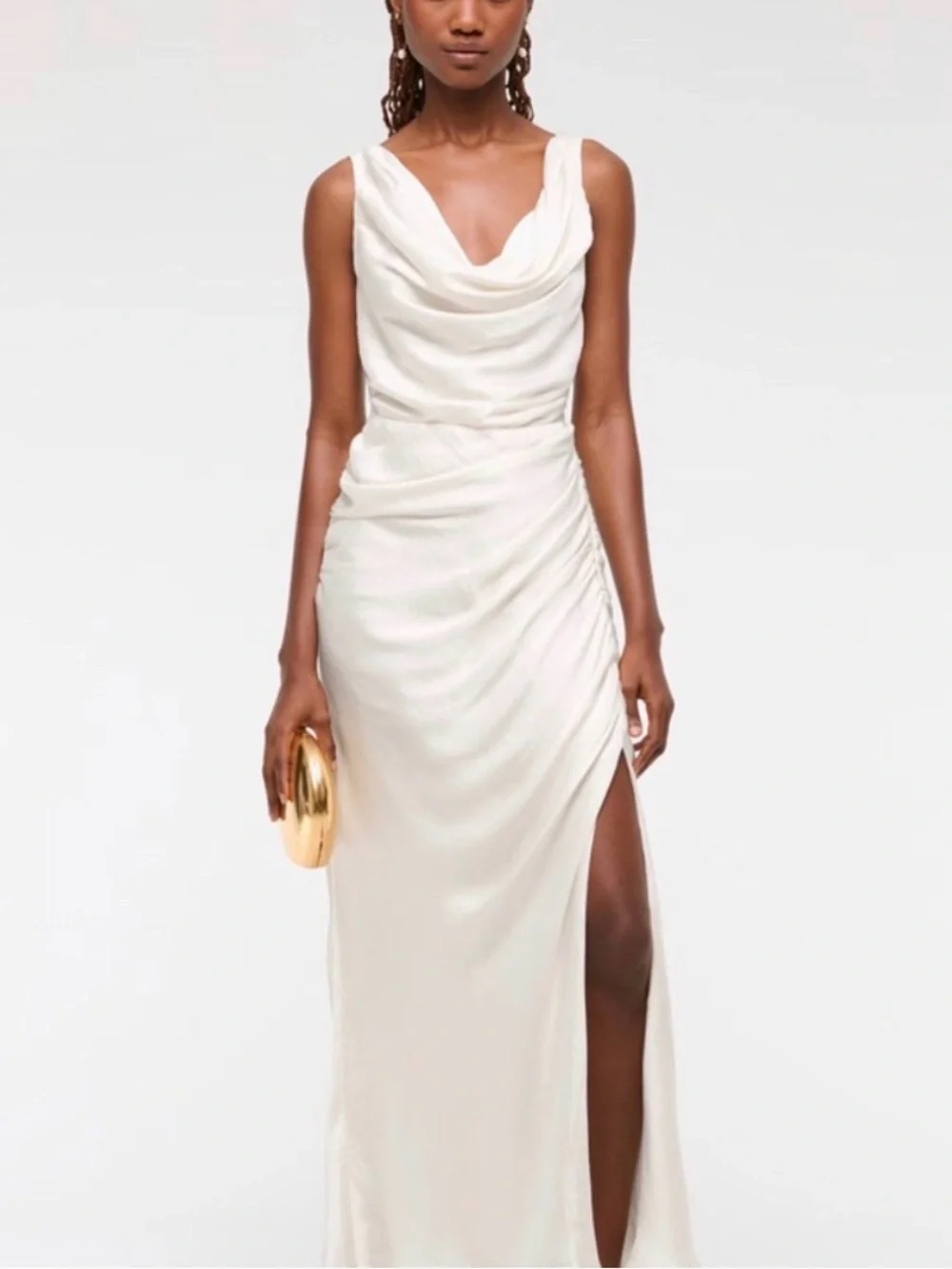 Abercrombie & Fitch Ivory Draped Cowl-Neck Maxi Dress with Side Slit